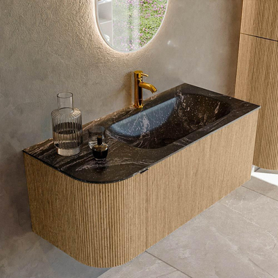 MONDIAZ KURVE-DLUX 105cm badmeubel met module 25 L kleur Oak met 1 lade en 1 deur. Wastafel BIG SMALL rechts 1 kraangat kleur Lava.