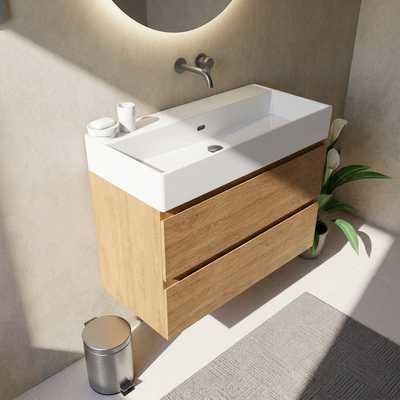 Saniclass Holz Pure Ensemble de meubles de salle de bains - 100x45x72cm - lavabo Legend en céramique blanc - 1 vasque - sans trou de robinetterie - 2 tiroirs - chêne naturel mat (bois)