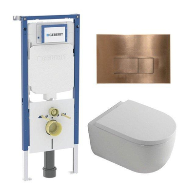 QeramiQ Dely Swirl Toiletset - 36.3x51.7cm - diepspoel - rimless - Geberit UP720 Duofix Sigma inbouwreservoir - 35mm zitting - koperen bedieningsplaat - rechtehoekige knoppen - mat wit