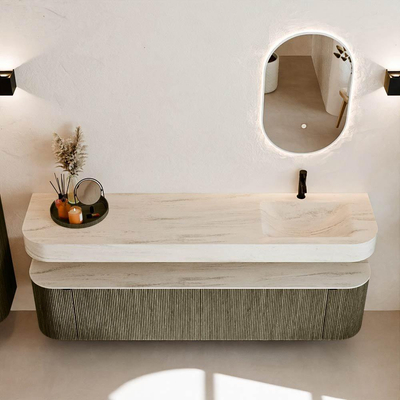 MONDIAZ THOR-DLUX Meuble de salle de bains - 190cm - arrondi gauche + droite - couleur Shadow - 2 tiroirs - 2 portes - Vasque suspendue CLOUD Droite 1 trou de robinet couleur Meli