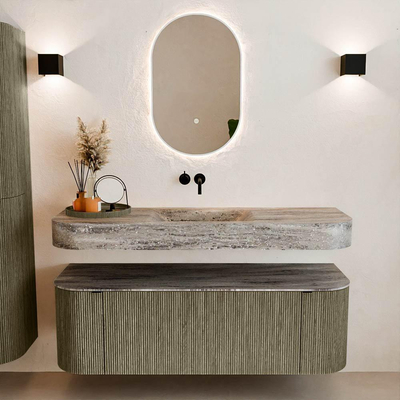 MONDIAZ THOR-DLUX 140cm badmeubel ronding links + rechts kleur Shadow met 1 lade en 2 deuren. Vrijhangende wastafel CLOUD Midden zonder kraangat kleur Oza.