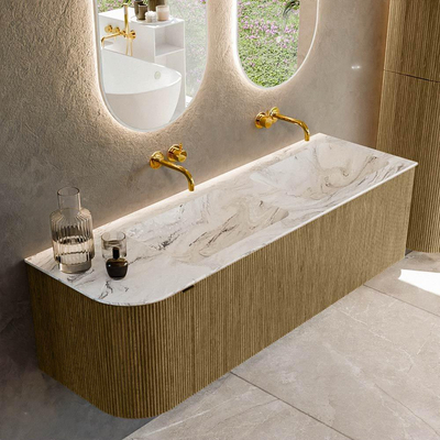Mondiaz KURVE-DLUX Badkamermeubelset - 145x46x40cm - 1 lade - 1 deur - wastafel solid surface - dubbel / rechts - zonder kraangat - Dusk