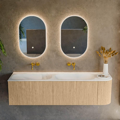 MONDIAZ KURVE 165cm Meuble salle de bain avec module 25 D - couleur Oak - 2 tiroirs - 1 porte - vasque BIG SMALL double / gauche - sans trous de robinet - Talc