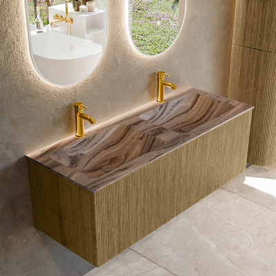 MONDIAZ KURVE-DLUX Meuble de salle de bains 120cm couleur Dusk avec 1 tiroir et 0 porte. Lavabo LEAF Double 2 trous de robinet Sombra.