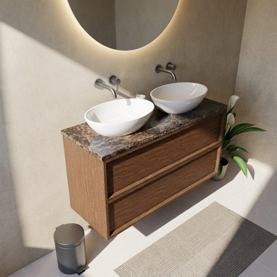 Saniclass Holz Frame Ensemble de meubles de salle de bains - 120x45x63cm - Plan de travail en pierre naturelle Noche dark emperador - sans trou de robinet - 2 tiroirs - walnut pure mat (bois)