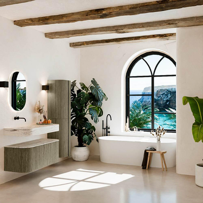 MONDIAZ THOR-DLUX 110cm meuble de salle de bains arrondi gauche + droite couleur Shadow avec 1 tiroir et 2 portes. Vasque suspendue CLOUD Gauche sans trou de robinet couleur Nata.