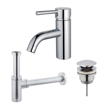 FortiFura Calvi Kit mitigeur lavabo - robinet bas - bonde clic clac - siphon design - Chrome brillant
