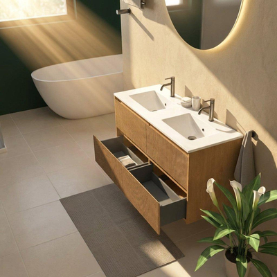 Saniclass Holz Atelier Ensemble meuble de salle de bains - 120x45x62cm - lavabo Vygo en céramique blanc - 2 vasques - 2 trous de robinetterie - 2 tiroirs - chêne natural mat (bois)