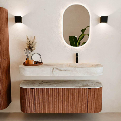 MONDIAZ THOR-DLUX 130cm meuble de salle de bains arrondi gauche + droite couleur Ruby avec 1 tiroir et 2 portes. Vasque suspendue CLOUD Droite 1 trou de robinet couleur Frappe.