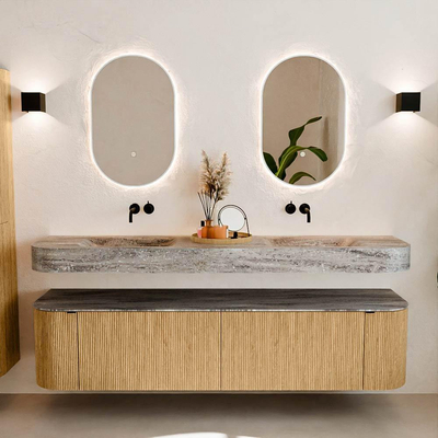 MONDIAZ THOR-DLUX Meuble de salle de bains - 190cm - arrondi gauche + droite - couleur Oak - 2 tiroirs et 2 portes - Vasque suspendue CLOUD Double sans trou de robinet - couleur Oza