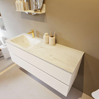 Mondiaz VICA-DLUX ensemble de meuble de salle de bain - 130cm - meuble sous lavabo talc - 2 tiroirs - lavabo encastré cloud gauche - 1 trou de robinet - version haute de 60cm - opalo