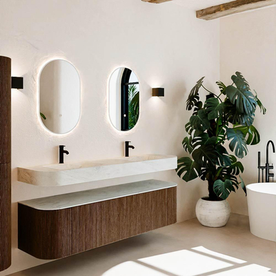 MONDIAZ THOR-DLUX Meuble de salle de bains - 170cm - arrondi gauche + droite - couleur Walnut - 1 tiroir et 2 portes - Lavabo suspendu CLOUD Double 2 trous de robinet - couleur Opalo