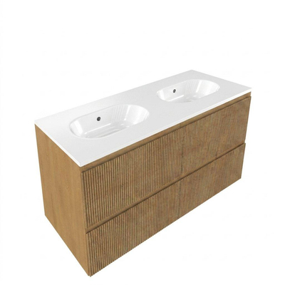Saniclass Holz Atelier Ensemble meuble de salle de bains - 120x45x74cm - lavabo Chaci en céramique blanc - 2 vasques - sans trous de robinetterie - 2 tiroirs - chêne natural mat (bois)