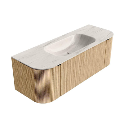MONDIAZ KURVE-DLUX Meuble de salle de bains 130cm arrondi Gauche + Droite couleur Oak avec 1 tiroir et 2 portes. Lavabo BIG SMALL Central 1 trou de robinet Meli.