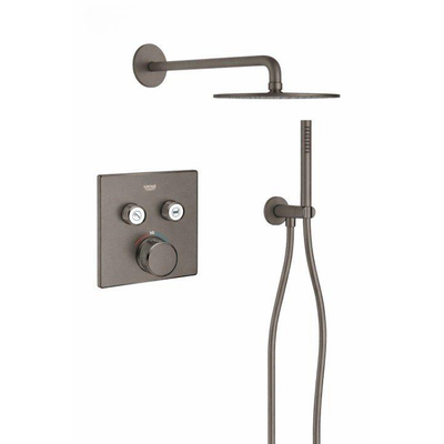 Grohe - Adema Rise Regendoucheset - vierkant - wandaansluitbocht met handdouchehouder - gladde doucheslang - staafhanddouche - wandarm - 25cm hoofddouche - Grohe SmartControl inbouwthermostaat - brushed hard graphite