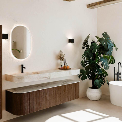 MONDIAZ THOR-DLUX 180cm meuble de salle de bains arrondi gauche + droite couleur Walnut avec 2 tiroirs et 2 portes. Vasque suspendue CLOUD Gauche 1 trou de robinet couleur Frappe.