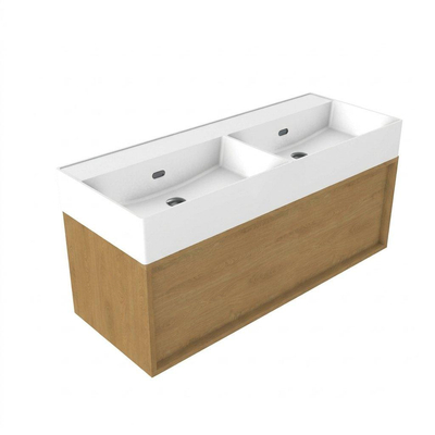 Saniclass Holz Frame Badkamermeubelset - 120x45x52cm - Legend keramische wastafel mat wit - 2 wasbakken - zonder kraangaten - 1 lade - mat eiken natural (hout)