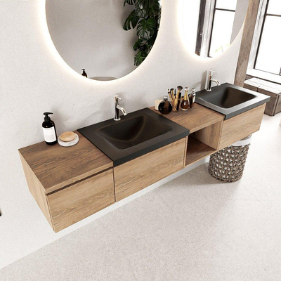 MONDIAZ BUKLA 200cm ensemble de meuble avec module ouvert 40 à droite couleur Chêne blanchi avec 3 tiroirs. Lavabo CLOUD double 2 trous de robinet couleur Urbain.
