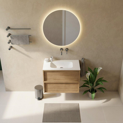 Saniclass Holz Frame Ensemble de meubles de salle de bains - 80x45x61.5cm - Flow lavabo en solid surface blanc - 1 vasque - sans trou de robinetterie - 2 tiroirs - chêne natural mat (bois)