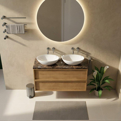 Saniclass Holz Frame Ensemble meuble de salle de bains - 120x45x63cm - Plan de travail en pierre naturelle Noche dark emperador - sans trou de robinet - 2 tiroirs - chêne natural mat (bois)