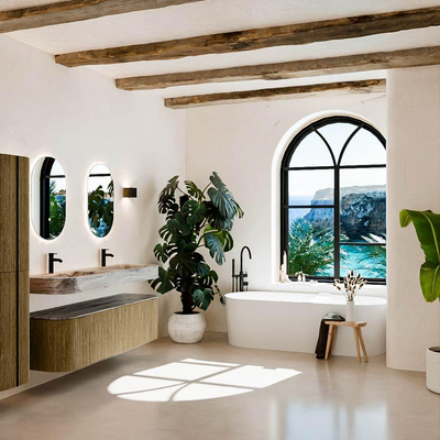MONDIAZ THOR-DLUX 160cm meuble de salle de bains arrondi gauche + droite couleur Dusk avec 1 tiroir et 2 portes. Vasque suspendue CLOUD Double 2 trous de robinet couleur Sombra.