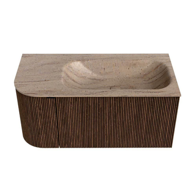 MONDIAZ KURVE-DLUX Meuble de salle de bains 95cm arrondi à gauche couleur Walnut avec 1 tiroir et 1 porte. Lavabo BIG SMALL à droite 1 trou de robinet Saba.