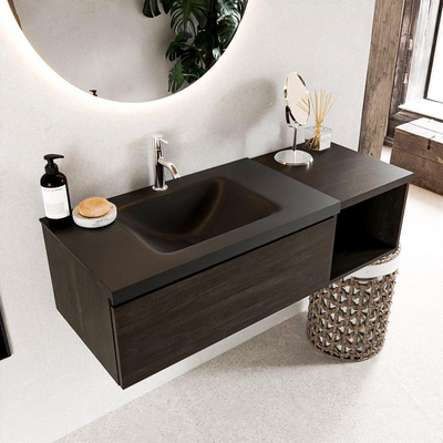 MONDIAZ BUKLA 120cm badmeubel met open module 40 kleur Dark Brown met 1 lade. Wastafel CLOUD links 1 kraangat kleur Urban.