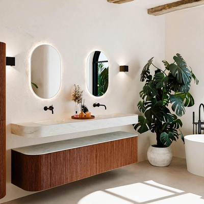 MONDIAZ THOR-DLUX Meuble de salle de bains 190cm arrondi gauche + droite couleur Ruby avec 2 tiroirs et 2 portes. Vasque suspendue CLOUD Double sans trou de robinet couleur Opalo.