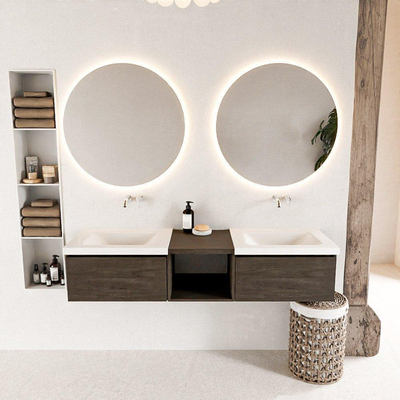 Mondiaz bukla ensemble de meubles de salle de bain 160x45x34cm 0 robinetterie 2 lavabos surface solide talc sans poignée 2 tiroirs avec softclose mélamine marron foncé