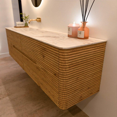 Mondiaz CIRO-DLUX Ensemble de meubles de salle de bains - 180x45x50cm - Plan vasque solid surface Frappe - 1 vasque à gauche - sans trous de robinet - 4 tiroirs - Chêne