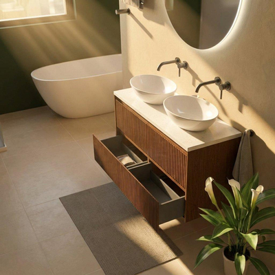 Saniclass Holz Atelier Ensemble de meubles de salle de bains - 120x45x63cm - Plan vasque en marbre Dia poli (blanc) - sans trou de robinet - 2 tiroirs - walnut pure mat (bois)
