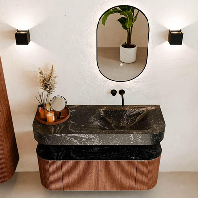 MONDIAZ THOR-DLUX 120cm meuble de salle de bains arrondi gauche + droite couleur Ruby avec 1 tiroir et 2 portes. Vasque suspendue CLOUD Droite sans trou de robinet couleur Lava.