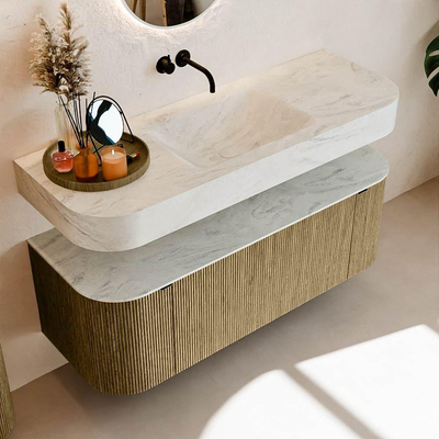 MONDIAZ THOR-DLUX 130cm meuble de salle de bains arrondi gauche + droite couleur Dusk avec 1 tiroir et 2 portes. Vasque suspendue CLOUD Milieu sans trou de robinet couleur Opalo.