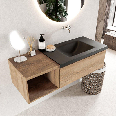 MONDIAZ BUKLA 120cm badmeubel met open module 40 kleur Washed Oak met 1 lade. Wastafel CLOUD rechts 0 kraangaten kleur Urban.