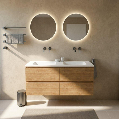 Saniclass Holz Pure Ensemble meuble salle de bains - 140x45x77.5cm - lavabo Torino en solid surface blanc - sans trou de robinet - 4 tiroirs - chêne natural mat (bois)