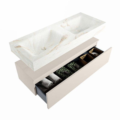 Mondiaz ALAN-DLUX Ensemble de meuble - 120cm - meuble Linen mat - 1 tiroir - Lavabo Cloud Frappe suspendu - vasque Gauche et droite - 0 trous de robinet