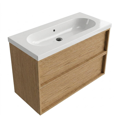 Saniclass Holz Frame Ensemble de meubles de salle de bains - 100x45x63.5cm - lavabo en céramique Palermo blanc - 1 vasque - sans trou de robinetterie - 2 tiroirs - chêne natural mat (bois)