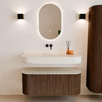 MONDIAZ THOR-DLUX 110cm badmeubel ronding links + rechts kleur Walnut met 1 lade en 2 deuren. Vrijhangende wastafel CLOUD Midden zonder kraangat kleur Meli.
