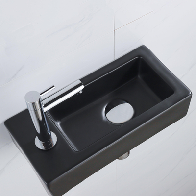 QeramiQ Lave-mains Kit lave-mains - 37.5x18.5x9cm - céramique - trou de robinet gauche - robinet lave-mains chrome - bonde de vidage - siphon abaissé - Mat Noir
