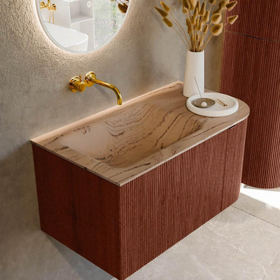 MONDIAZ KURVE-DLUX Meuble de salle de bains 85cm arrondi à droite couleur Ruby avec 1 tiroir et 1 porte. Lavabo CLOUD à gauche sans trou de robinet Arena.