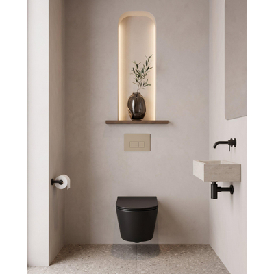 QeramiQ Dely Toiletset - 36.3x51.7cm - diepspoel - rimless - Geberit UP320 inbouwreservoir - softclose toilet zitting - 35mm - bedieningsplaat taupe - ronde knoppen - mat zwart