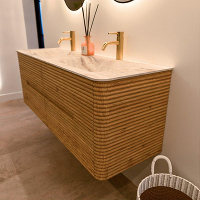 Mondiaz CIRO-DLUX Badkamermeubelset - 140x45x50cm - Solid surface wastafel Frappe - 2 wasbak Dubbel - 2 kraangaten - 4 lades - Oak