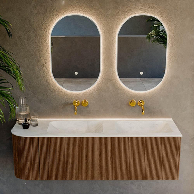 MONDIAZ KURVE-DLUX 145cm Meuble salle de bain avec module 25 G - couleur Walnut - 1 tiroir - 1 porte - vasque LEAF double / droite - sans trou de robinet - couleur Opalo