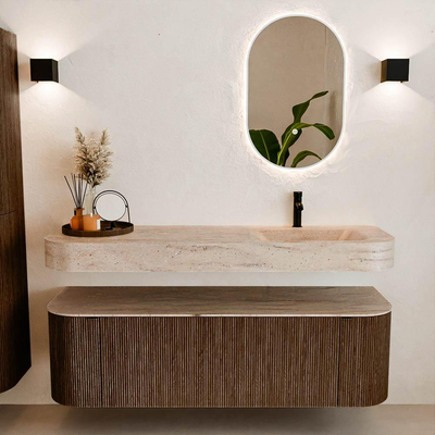 MONDIAZ THOR-DLUX 150cm badmeubel ronding links + rechts kleur Walnut met 1 lade en 2 deuren. Vrijhangende wastafel CLOUD Rechts 1 kraangat kleur Saba.