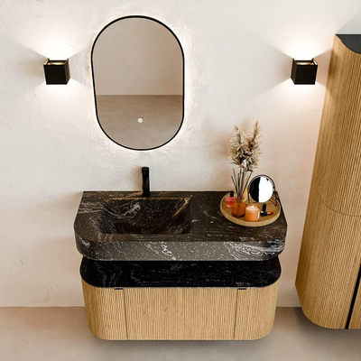 MONDIAZ THOR-DLUX 110cm meuble de salle de bains arrondi gauche + droite couleur Chêne avec 1 tiroir et 2 portes. Vasque suspendue CLOUD Gauche 1 trou de robinet couleur Lava.