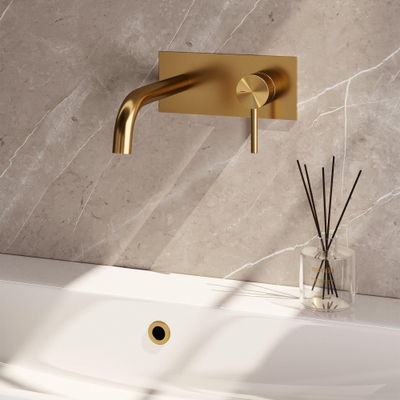 Brauer Stripe wastafelkraan - model A1 - inbouw - gebogen uitloop - met afdekplaat - PVD - goud