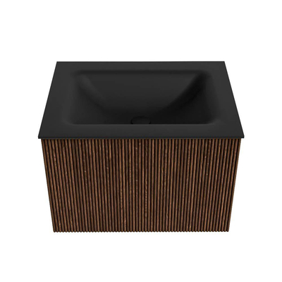 MONDIAZ KURVE 60cm badmeubel kleur Walnut met 1 lade. Wastafel CLOUD midden zonder kraangat Urban.