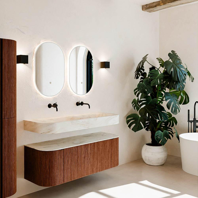 MONDIAZ THOR-DLUX 130cm meuble de salle de bains arrondi gauche + droite couleur Ruby avec 1 tiroir et 2 portes. Vasque suspendue CLOUD Double sans trou de robinet couleur Ostra.