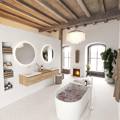MONDIAZ BUKLA meuble de salle de bain 180 cm avec module 60 couleur Chêne blanchi avec 3 tiroirs. Lavabo CLOUD double 0 trou de robinet couleur Talc.