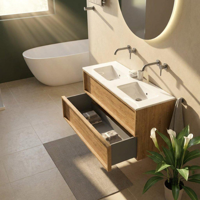 Saniclass Holz Frame Ensemble de meubles de salle de bains - 120x45x62cm - lavabo Vygo en céramique - 2 vasques - sans trous de robinetterie - avec trop-plein - 2 tiroirs - chêne naturel mat (bois)